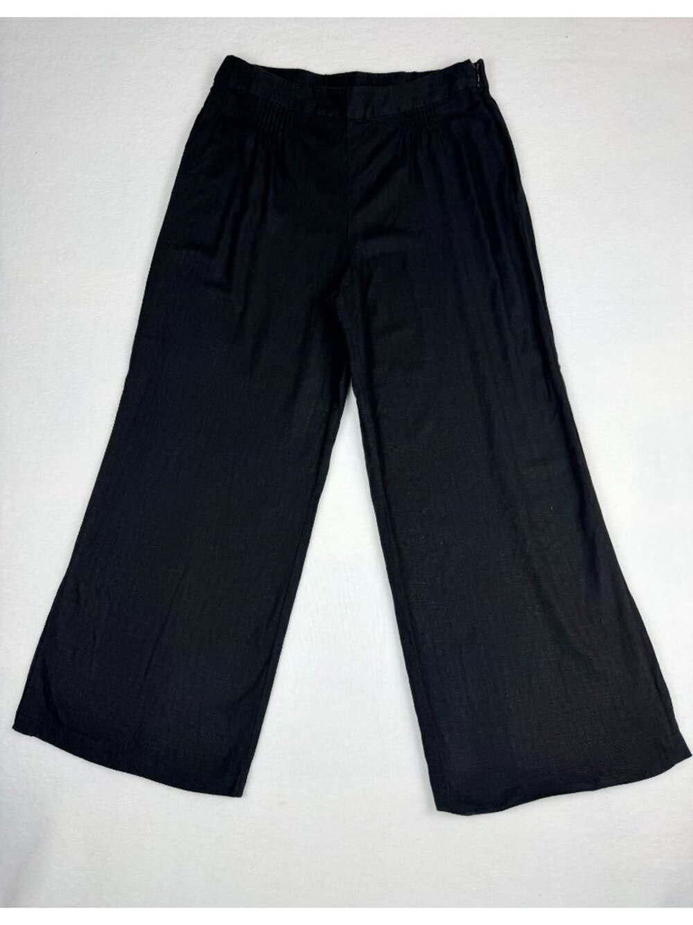 Halston Womens Black Wide-Leg Linen Viscose Blend Pants Size 12 Side-Zip Closure